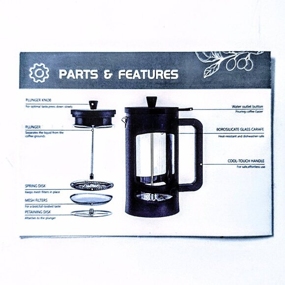 French Press Hand-Brew Coffee Maker ~ 4 Cups, 34 Oz ~ Glass Coffee Press ~ NOB - Picture 12 of 15
